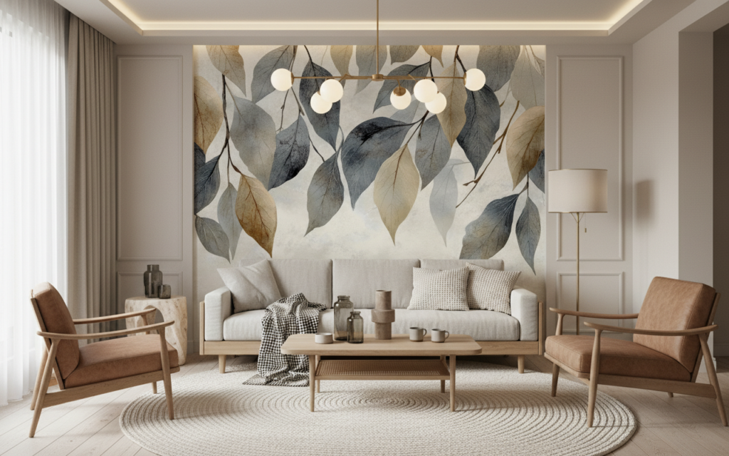 Papier peint feuillage moderne tons naturels beige et gris - Salon / Séjour