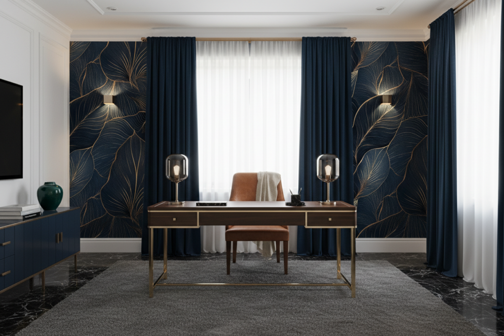 Papier Peint Feuillage Tropical Élégant Bleu Marine et Or - Bureau