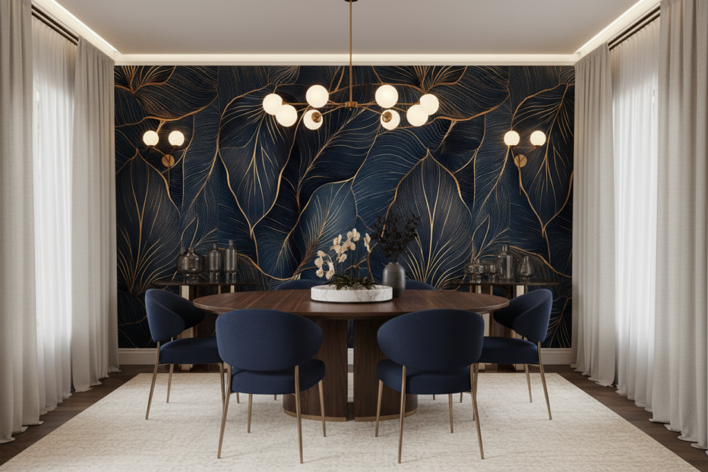 Papier Peint Feuillage Tropical Élégant Bleu Marine et Or - Salle à manger