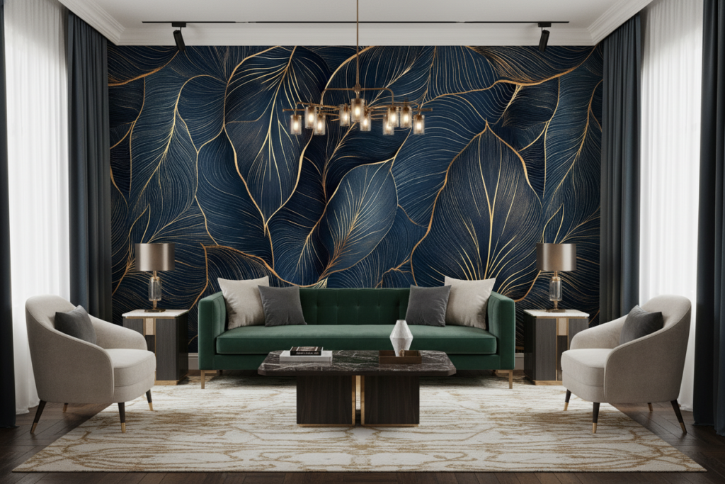 Papier Peint Feuillage Tropical Élégant Bleu Marine et Or - Salon / Séjour
