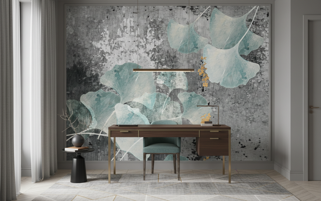 Papier peint floral contemporain avec feuilles de ginkgo bleu-vert - Bureau