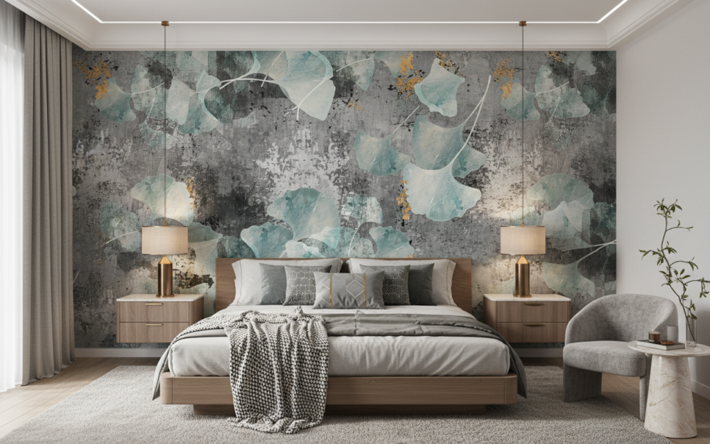Papier peint floral contemporain avec feuilles de ginkgo bleu-vert - Chambre adulte