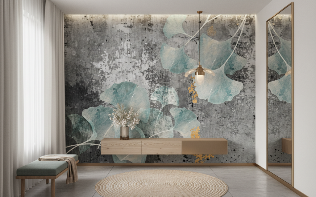 Papier peint floral contemporain avec feuilles de ginkgo bleu-vert - Entrée