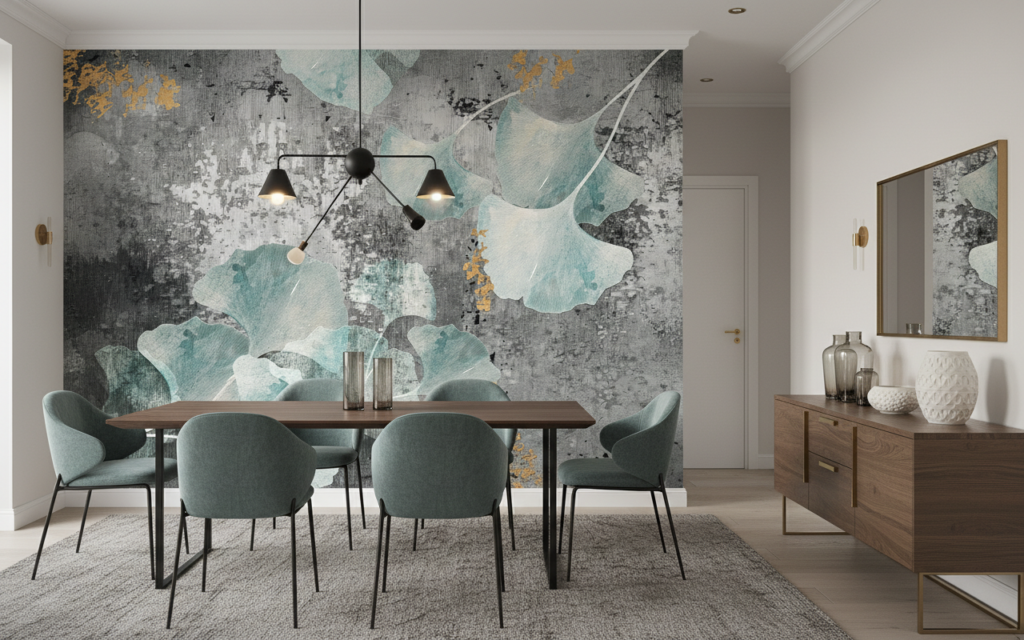 Papier peint floral contemporain avec feuilles de ginkgo bleu-vert - Salle à manger
