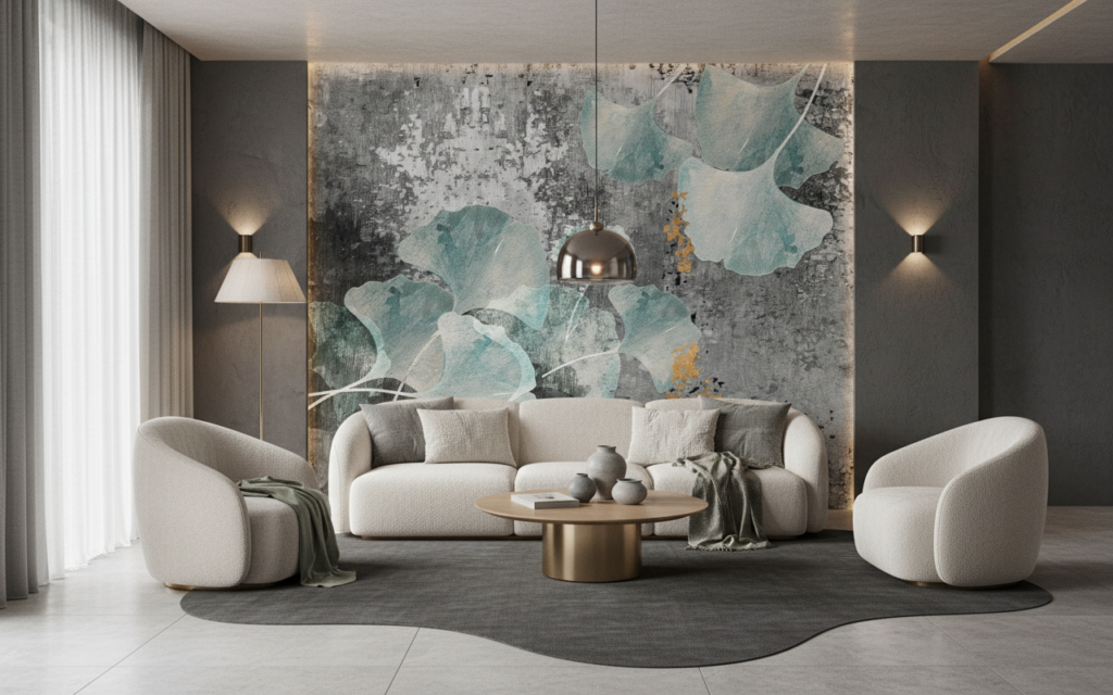 Papier peint floral contemporain avec feuilles de ginkgo bleu-vert - Salon / Séjour