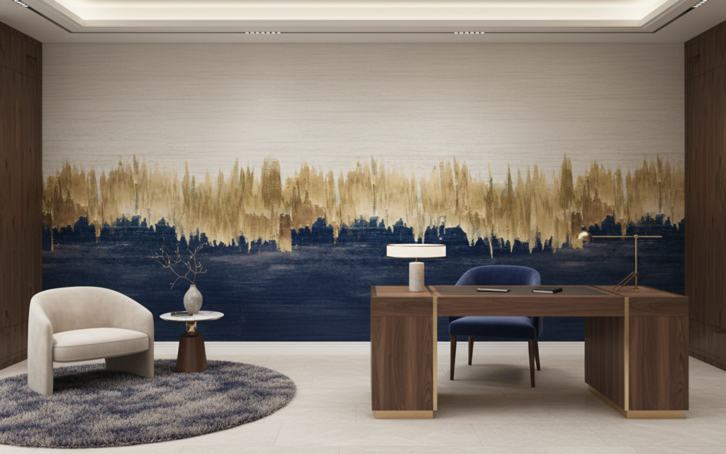 Papier Peint Forêt Abstraite aux Tons Dorés et Bleus - Bureau