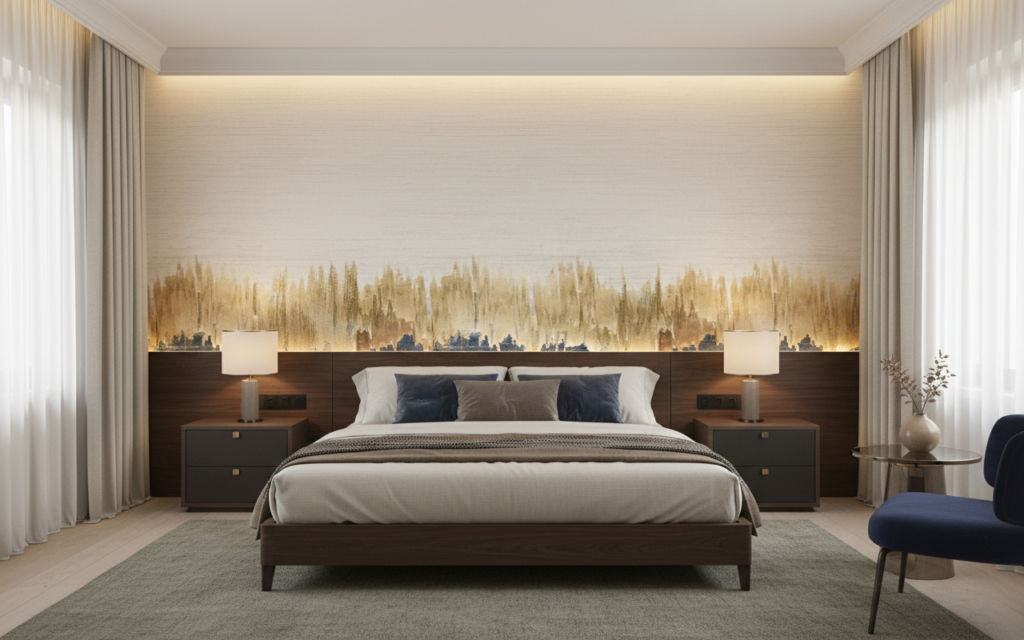 Papier Peint Forêt Abstraite aux Tons Dorés et Bleus - Chambre adulte