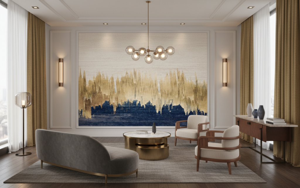 Papier Peint Forêt Abstraite aux Tons Dorés et Bleus - Hôtel