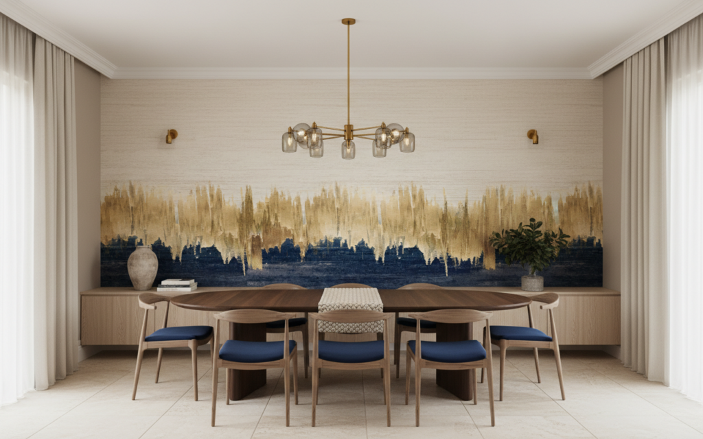 Papier Peint Forêt Abstraite aux Tons Dorés et Bleus - Salle à manger