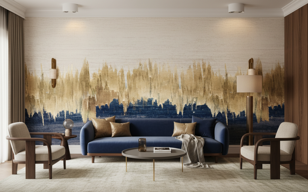 Papier Peint Forêt Abstraite aux Tons Dorés et Bleus - Salon / Séjour