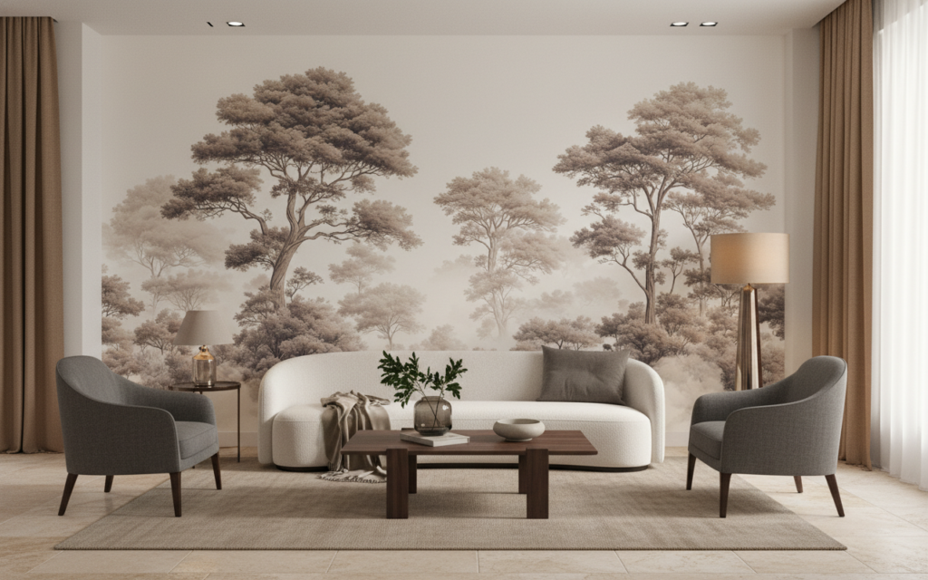 Papier peint forêt africaine sépia aux grands arbres majestueux - Salon / Séjour