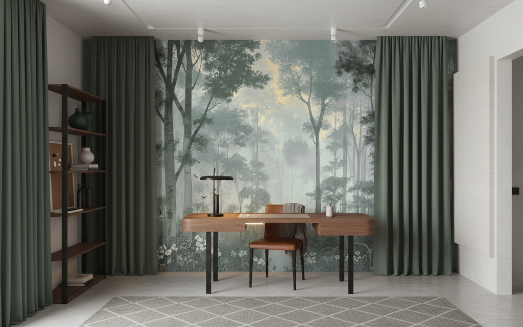 Papier Peint Forêt Mystique Brume Matinale Oiseaux Voltigeant - Bureau