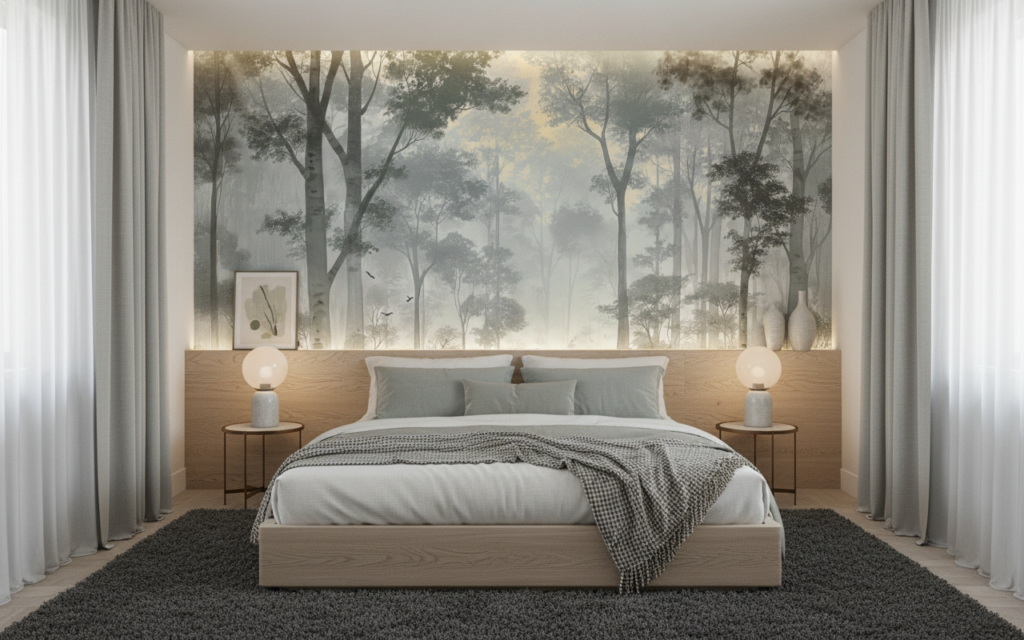 Papier Peint Forêt Mystique Brume Matinale Oiseaux Voltigeant - Chambre adulte