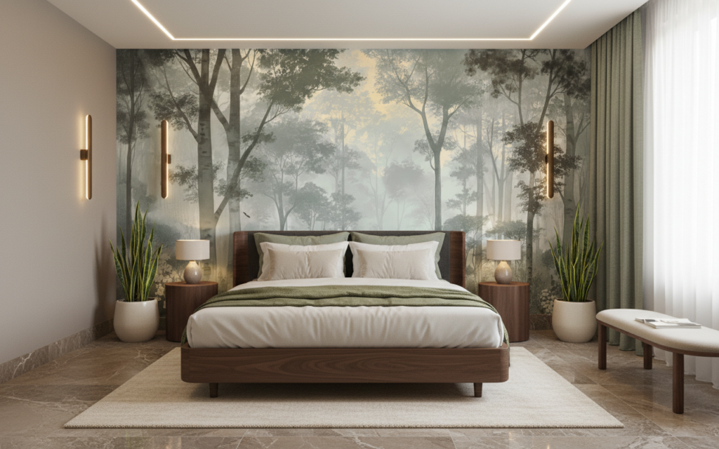 Papier Peint Forêt Mystique Brume Matinale Oiseaux Voltigeant - Hôtel