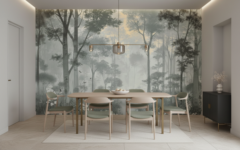 Papier Peint Forêt Mystique Brume Matinale Oiseaux Voltigeant - Salle à manger