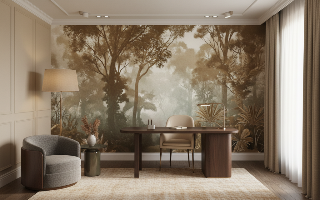 Papier peint forêt tropicale vintage sépia ambiance jungle mystérieuse - Bureau