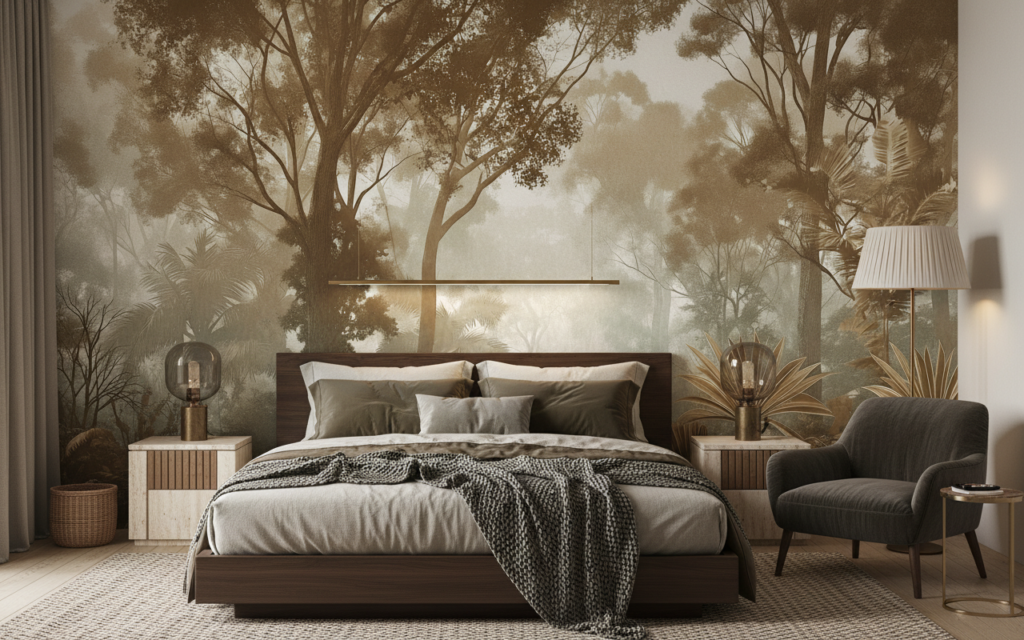 Papier peint forêt tropicale vintage sépia ambiance jungle mystérieuse - Chambre adulte