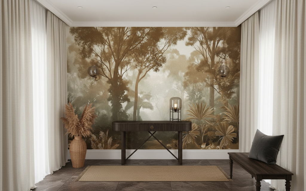 Papier peint forêt tropicale vintage sépia ambiance jungle mystérieuse - Couloir