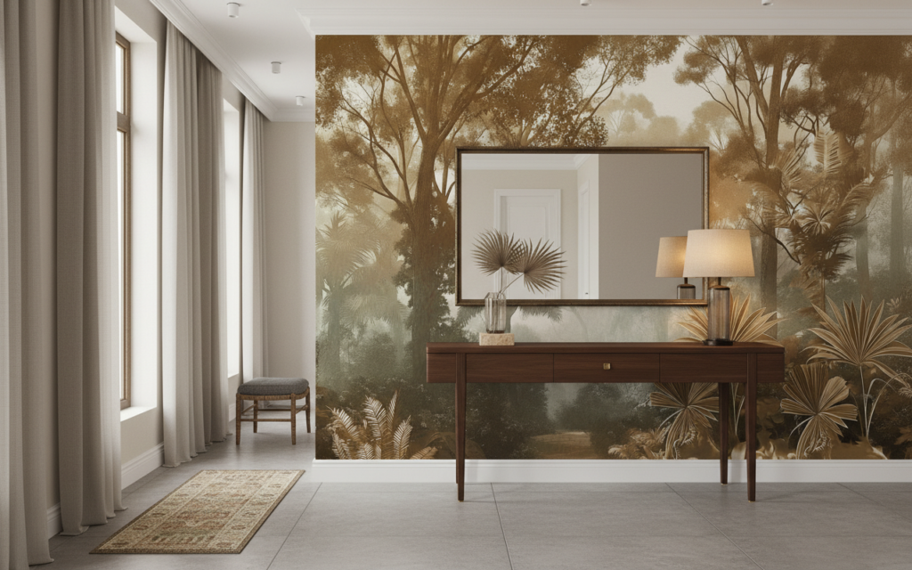 Papier peint forêt tropicale vintage sépia ambiance jungle mystérieuse - Entrée