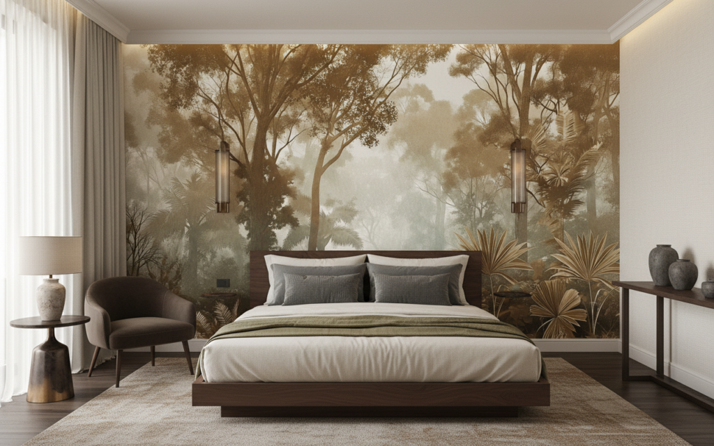 Papier peint forêt tropicale vintage sépia ambiance jungle mystérieuse - Hôtel