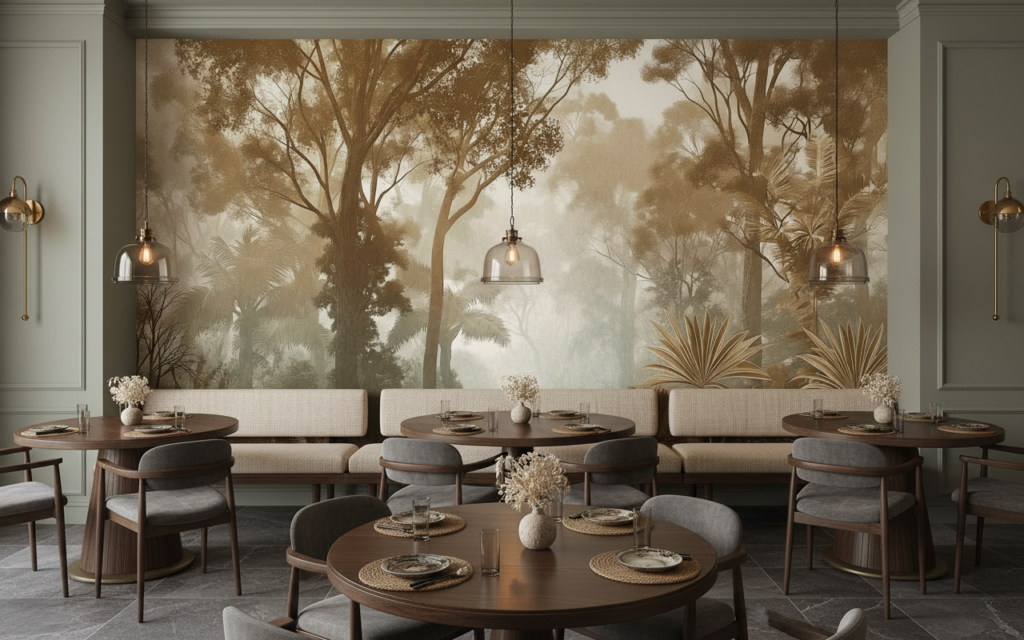 Papier peint forêt tropicale vintage sépia ambiance jungle mystérieuse - Restaurant