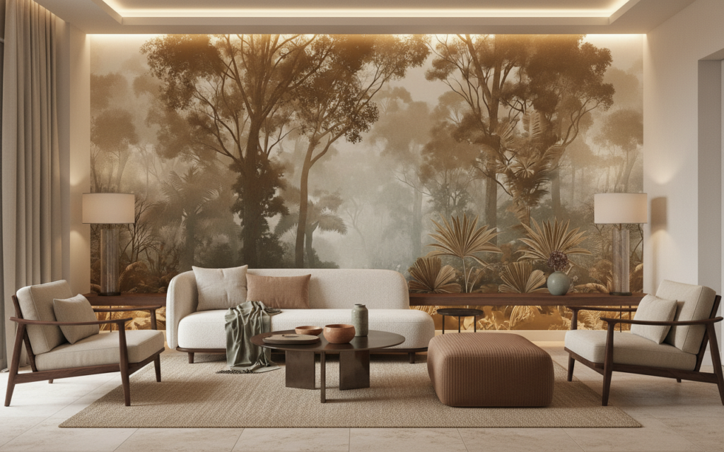 Papier peint forêt tropicale vintage sépia ambiance jungle mystérieuse - Salon / Séjour