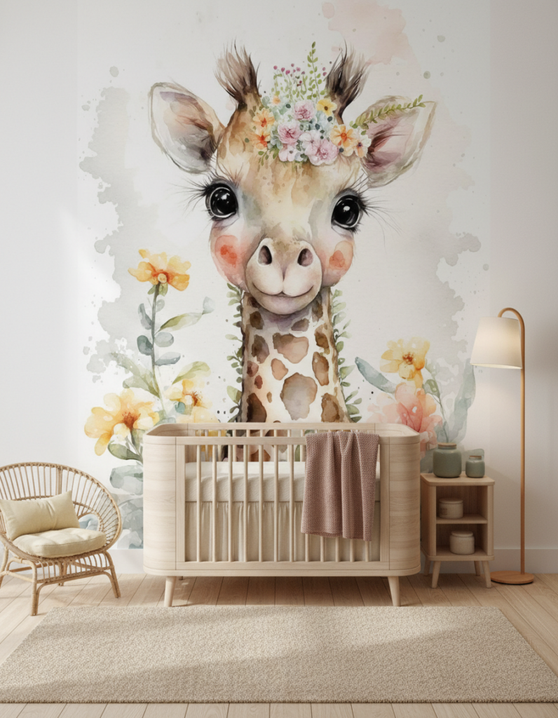 Papier Peint Girafe Aquarelle Florale Chambre Enfant Bohème - Chambre bébé