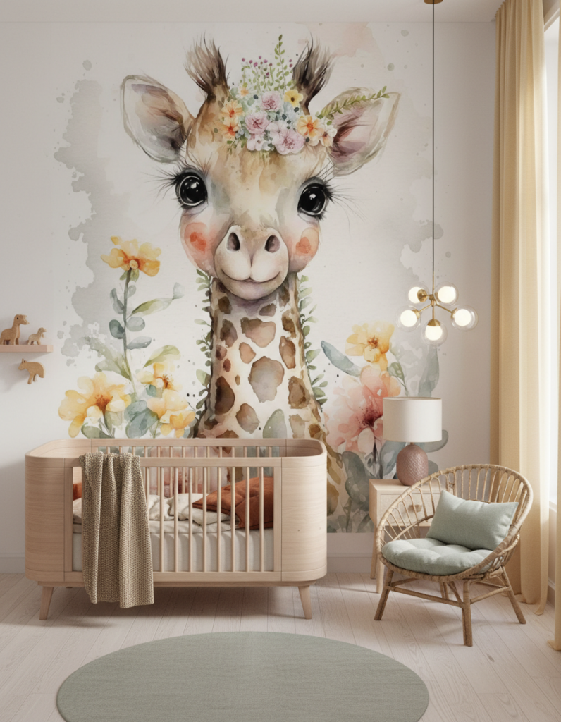Papier Peint Girafe Aquarelle Florale Chambre Enfant Bohème - Chambre enfant