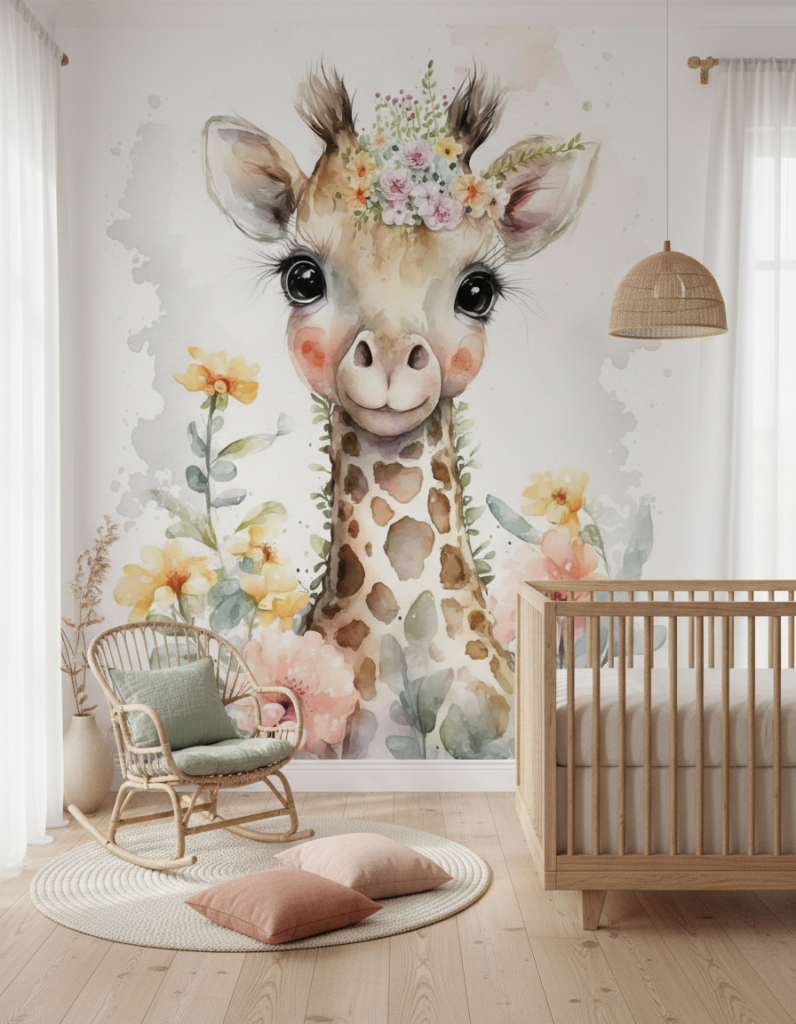 Papier Peint Girafe Aquarelle Florale Chambre Enfant Bohème - Espace enfant (pro)