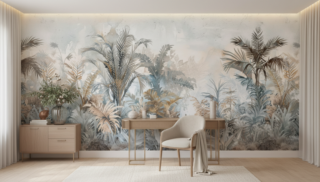 Papier peint jungle tropicale aquarelle tons poudrés et dorés - Bureau