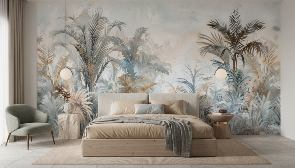 Papier peint jungle tropicale aquarelle tons poudrés et dorés - Chambre adulte