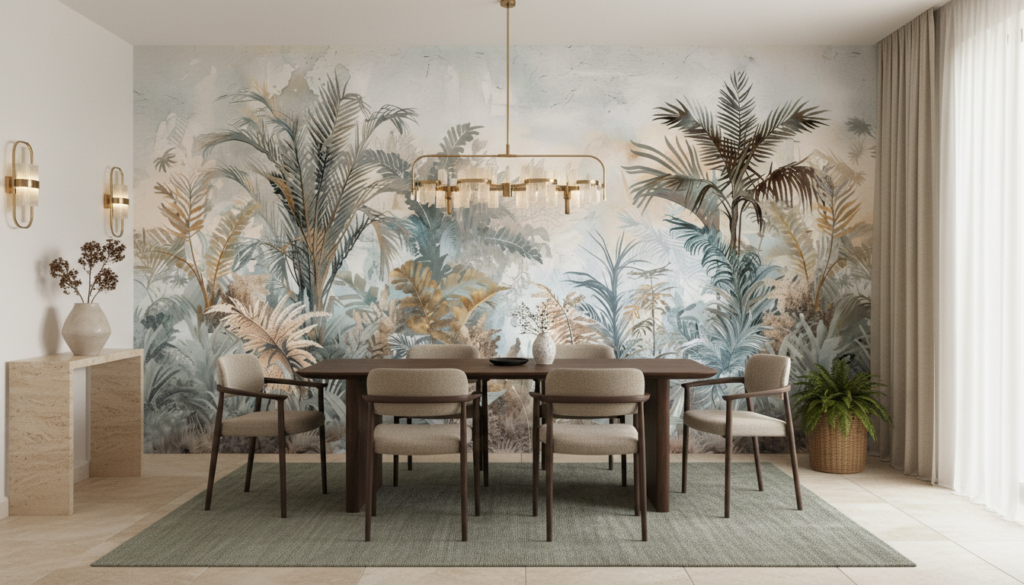 Papier peint jungle tropicale aquarelle tons poudrés et dorés - Salle à manger