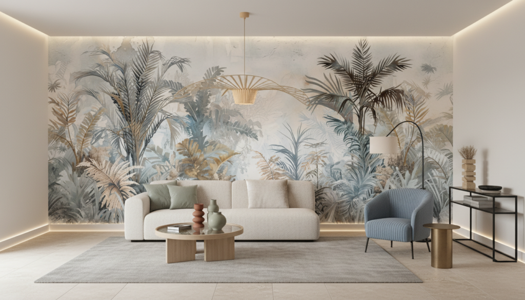 Papier peint jungle tropicale aquarelle tons poudrés et dorés - Salon / Séjour