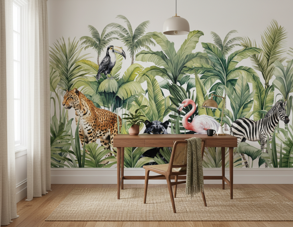 Papier peint jungle tropicale avec animaux exotiques et feuillages luxuriants - Bureau