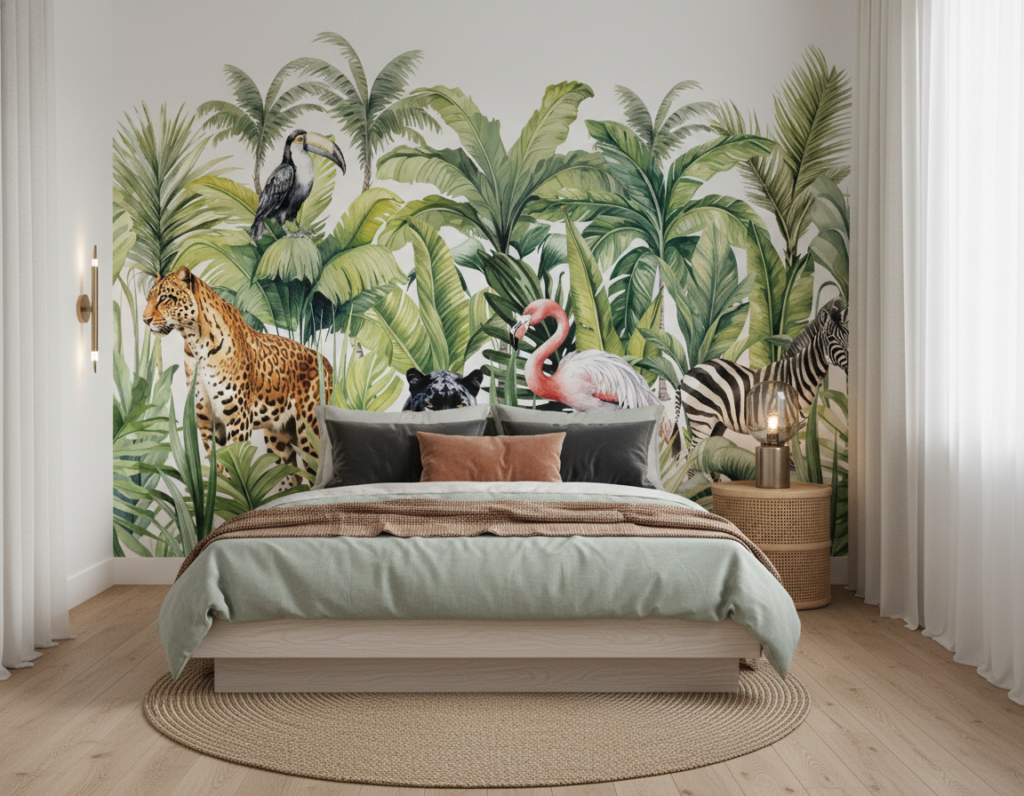 Papier peint jungle tropicale avec animaux exotiques et feuillages luxuriants - Chambre adulte