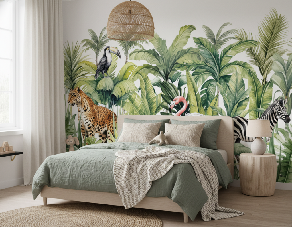 Papier peint jungle tropicale avec animaux exotiques et feuillages luxuriants - Chambre enfant