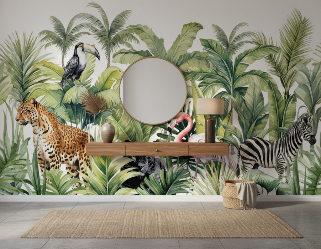 Papier peint jungle tropicale avec animaux exotiques et feuillages luxuriants - Entrée