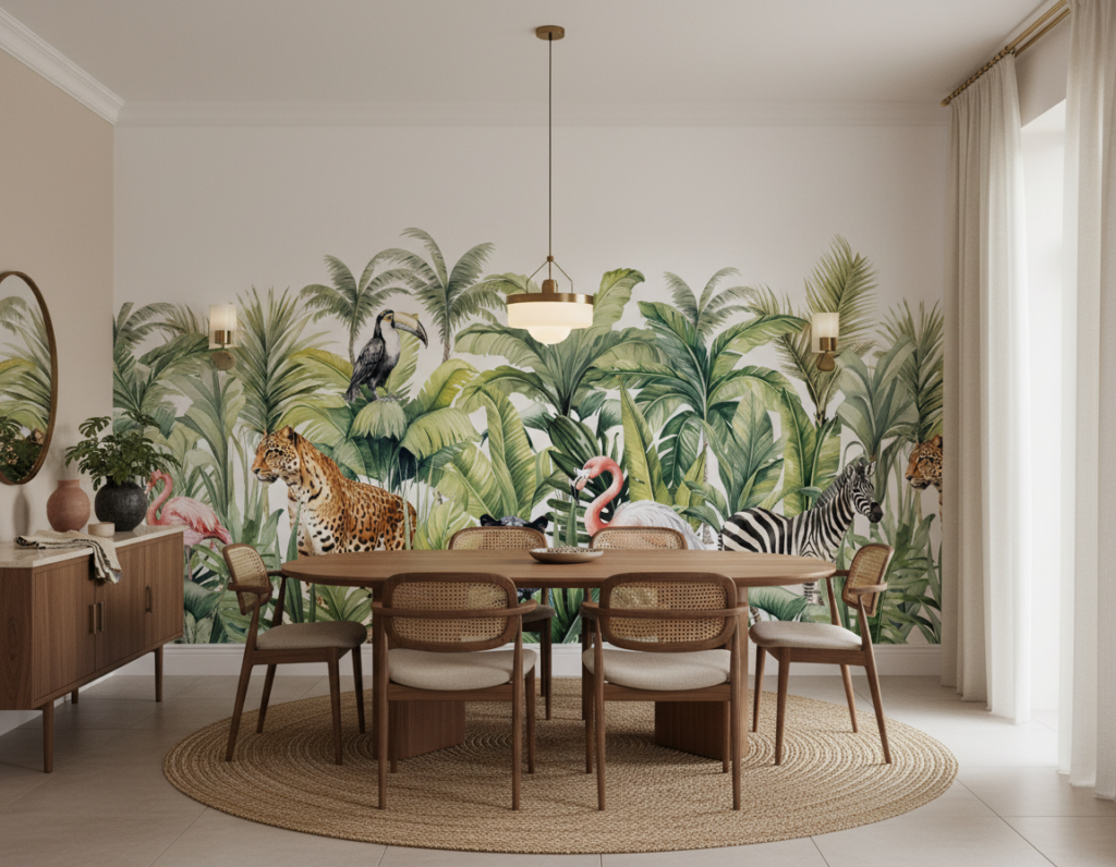 Papier peint jungle tropicale avec animaux exotiques et feuillages luxuriants - Salle à manger