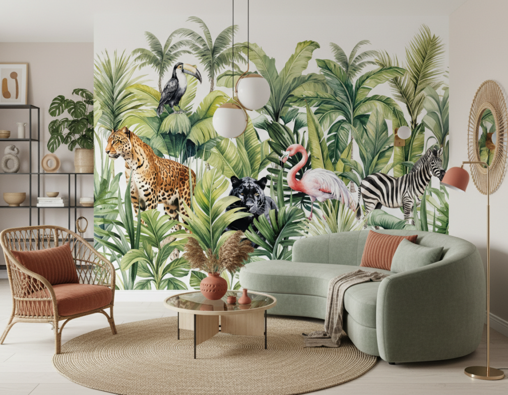 Papier peint jungle tropicale avec animaux exotiques et feuillages luxuriants - Salon / Séjour