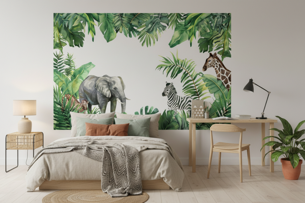 Papier Peint Jungle Tropicale avec Animaux Safari Exotiques - Chambre ado