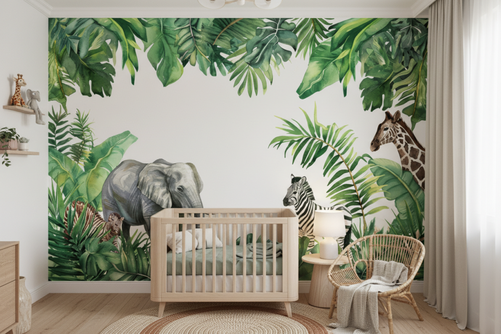 Papier Peint Jungle Tropicale avec Animaux Safari Exotiques - Chambre bébé