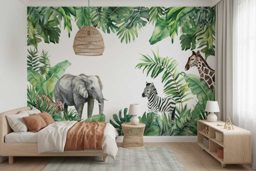 Papier Peint Jungle Tropicale avec Animaux Safari Exotiques - Chambre enfant