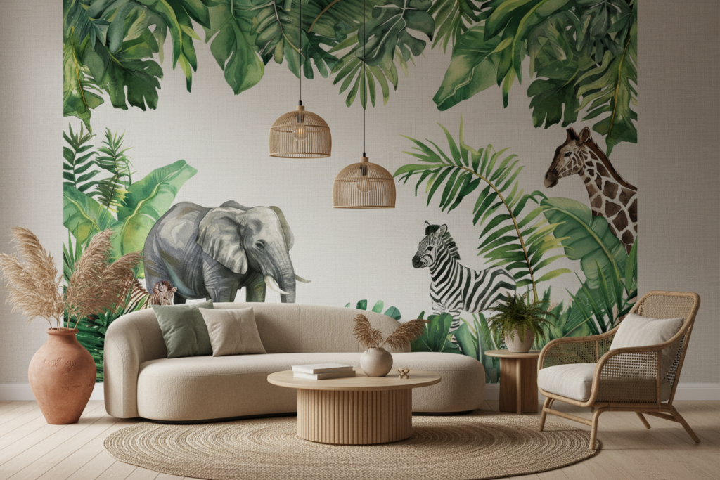 Papier Peint Jungle Tropicale avec Animaux Safari Exotiques - Salon / Séjour