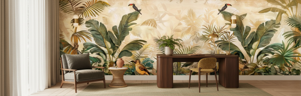 Papier peint jungle tropicale avec oiseaux exotiques et palmiers dorés - Bureau
