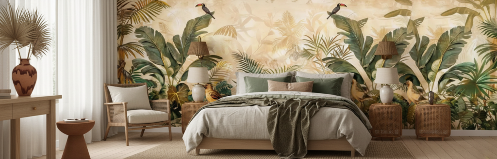 Papier peint jungle tropicale avec oiseaux exotiques et palmiers dorés - Chambre adulte