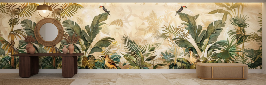 Papier peint jungle tropicale avec oiseaux exotiques et palmiers dorés - Entrée