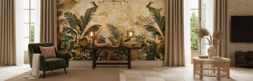 Papier peint jungle tropicale avec oiseaux exotiques et palmiers dorés - Hôtel