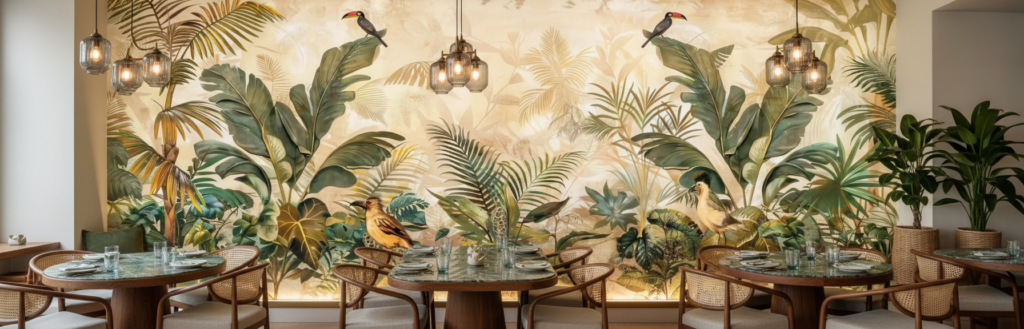 Papier peint jungle tropicale avec oiseaux exotiques et palmiers dorés - Restaurant