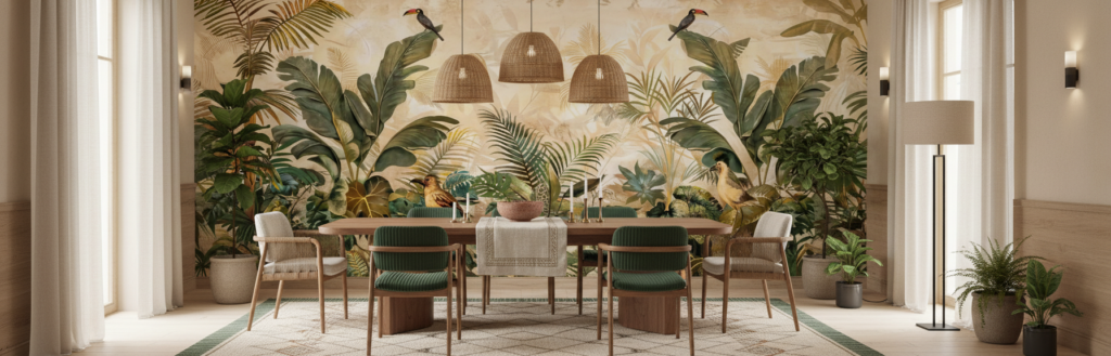 Papier peint jungle tropicale avec oiseaux exotiques et palmiers dorés - Salle à manger