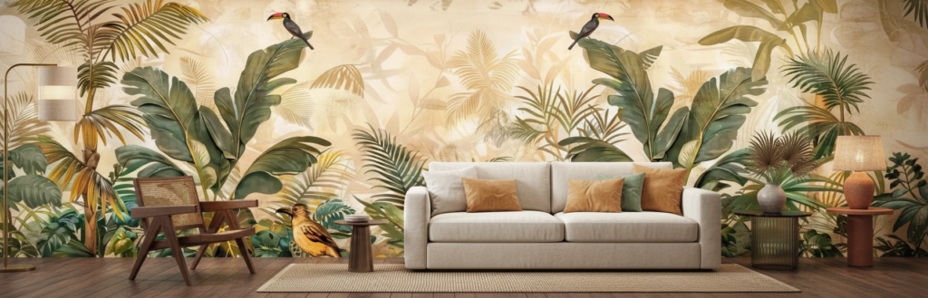 Papier peint jungle tropicale avec oiseaux exotiques et palmiers dorés - Salon / Séjour